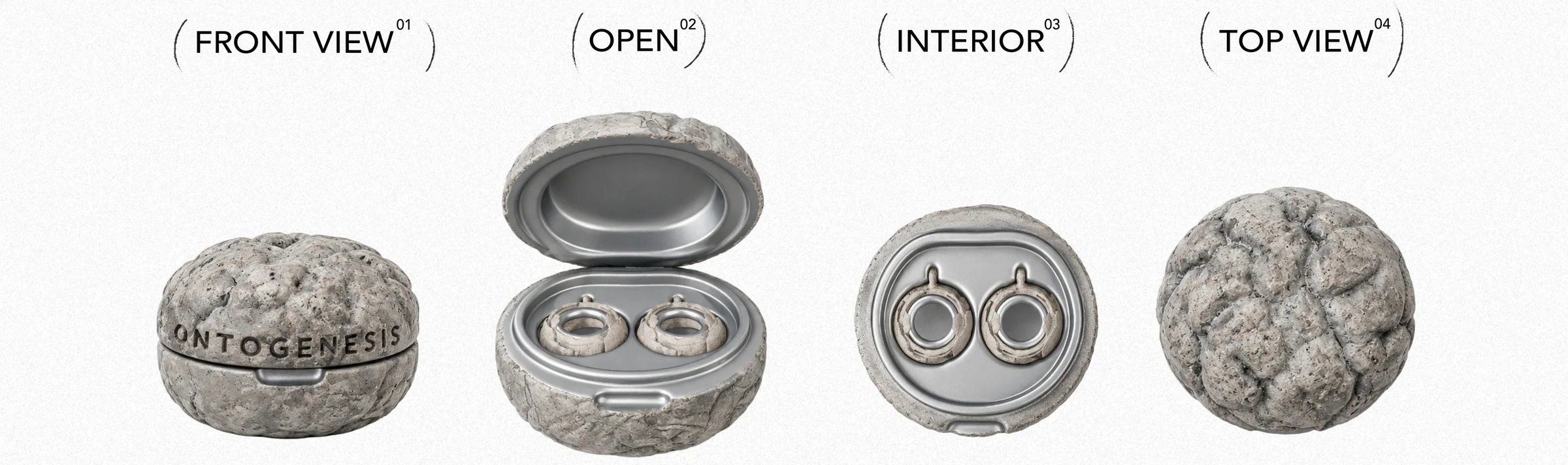 ONTOGENESIS — front view, open, interior, top view