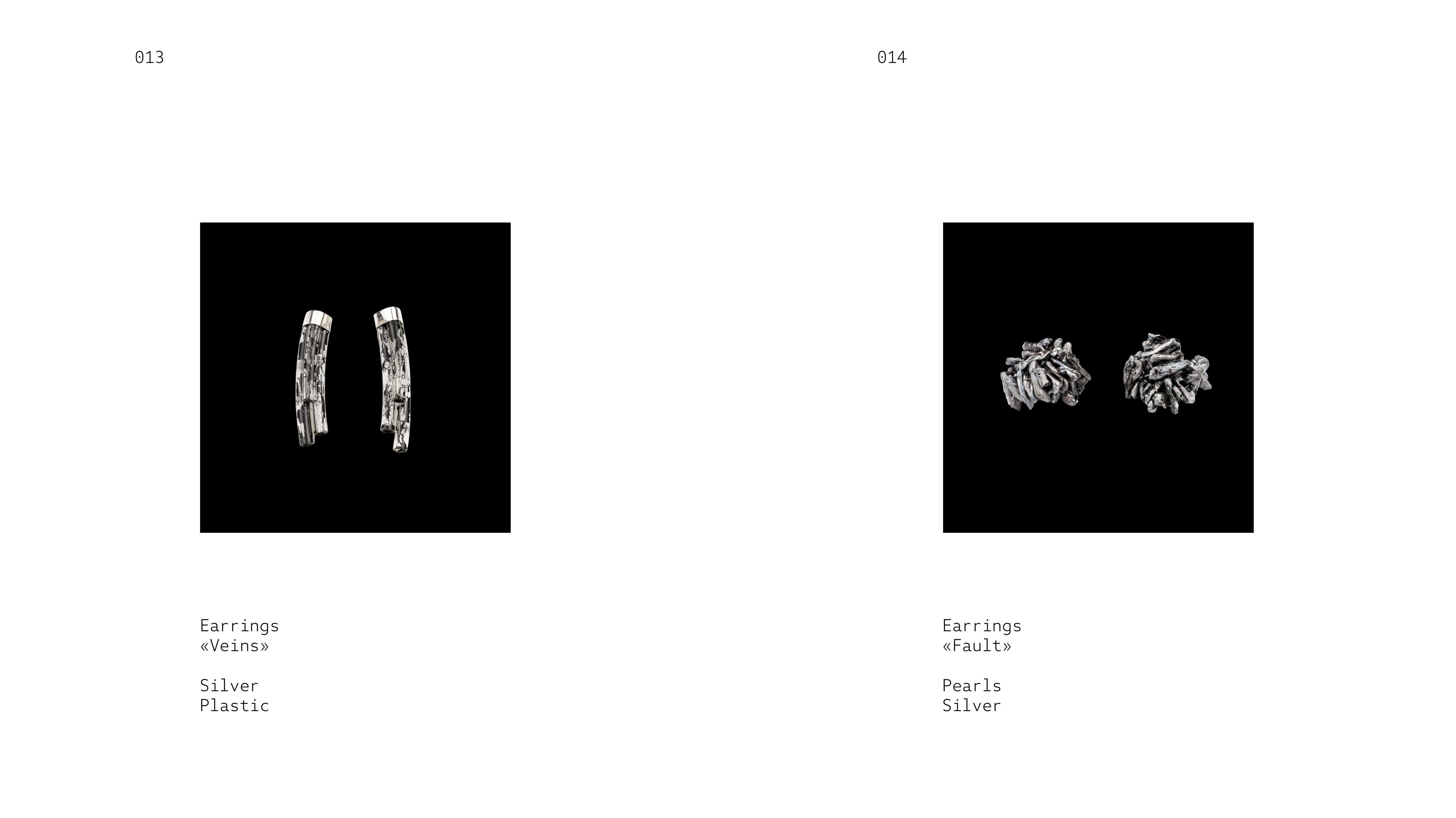 THIRST 013 — Earrings «Veins» (Silver, Plastic) / 014 — Earrings «Fault» (Pearls, Silver)